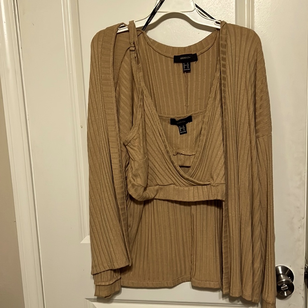 3x Plus Size Tan Shorts, Bralette, and Cardigan